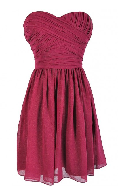 Sweetheart Pleated Strapless Designer Dress by Minuet in Berry